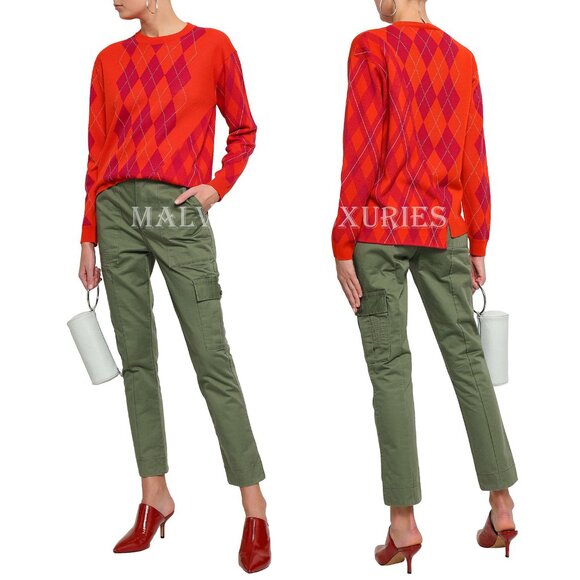 STELLA MCCARTNEY SWEATER RED HOT PINK WOOL ARGYLE PRINT TOP - Picture 2 of 11